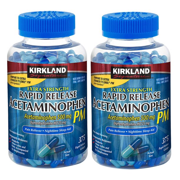 2 Pack Kirkland Signature Acetaminophen PM, 500 mg, 375 Capsules