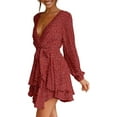 thumbnail image 4 of YAZI Women's Dress Deep V-Neck Long Sleeve Waist Tie Ruffle Mini Swing Skater Dresses, 4 of 11