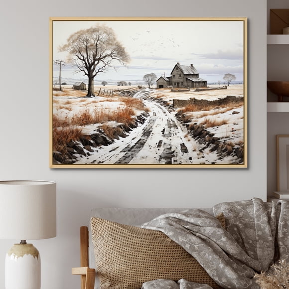 Designart Large Farm framed wall Art, Monochrome Harvest Winter Farm framed wall art I , Farm framed wall art decor, Grey Country Natural framed wall art, 40x30 inches Natural brown color Frame