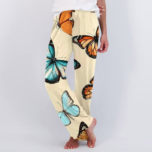 Xuniizn Pajamas Pants for Women, Butterflies Print Plus Size Mid Rise Loungewear Pants, Lightweight Comfy Casual Fall Pajamas