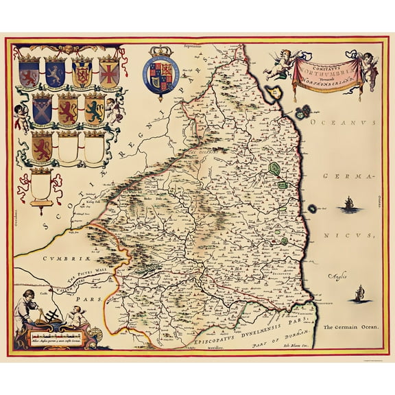 Historic Map - Northumberland County England - Blaeu 1645 - Vintage Wall Art