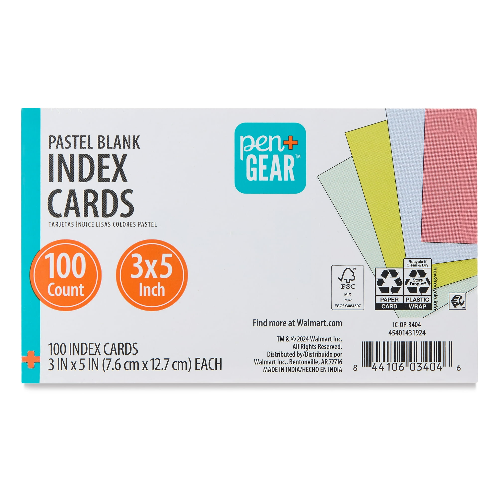 Pen+Gear Blank Index Cards, Pastel Colors, 100 Count, 3" x 5"