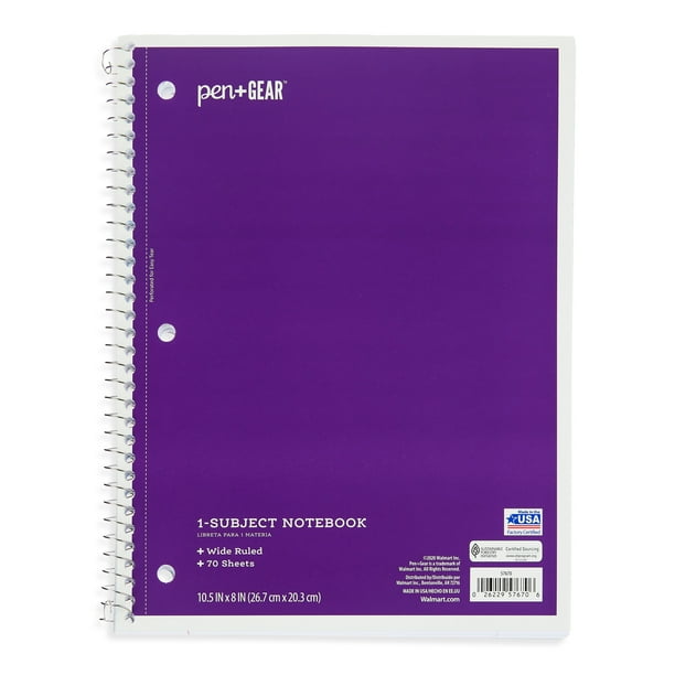Pen+Gear 1Subject Notebook, Wide Ruled, Purple, 70 Sheets
