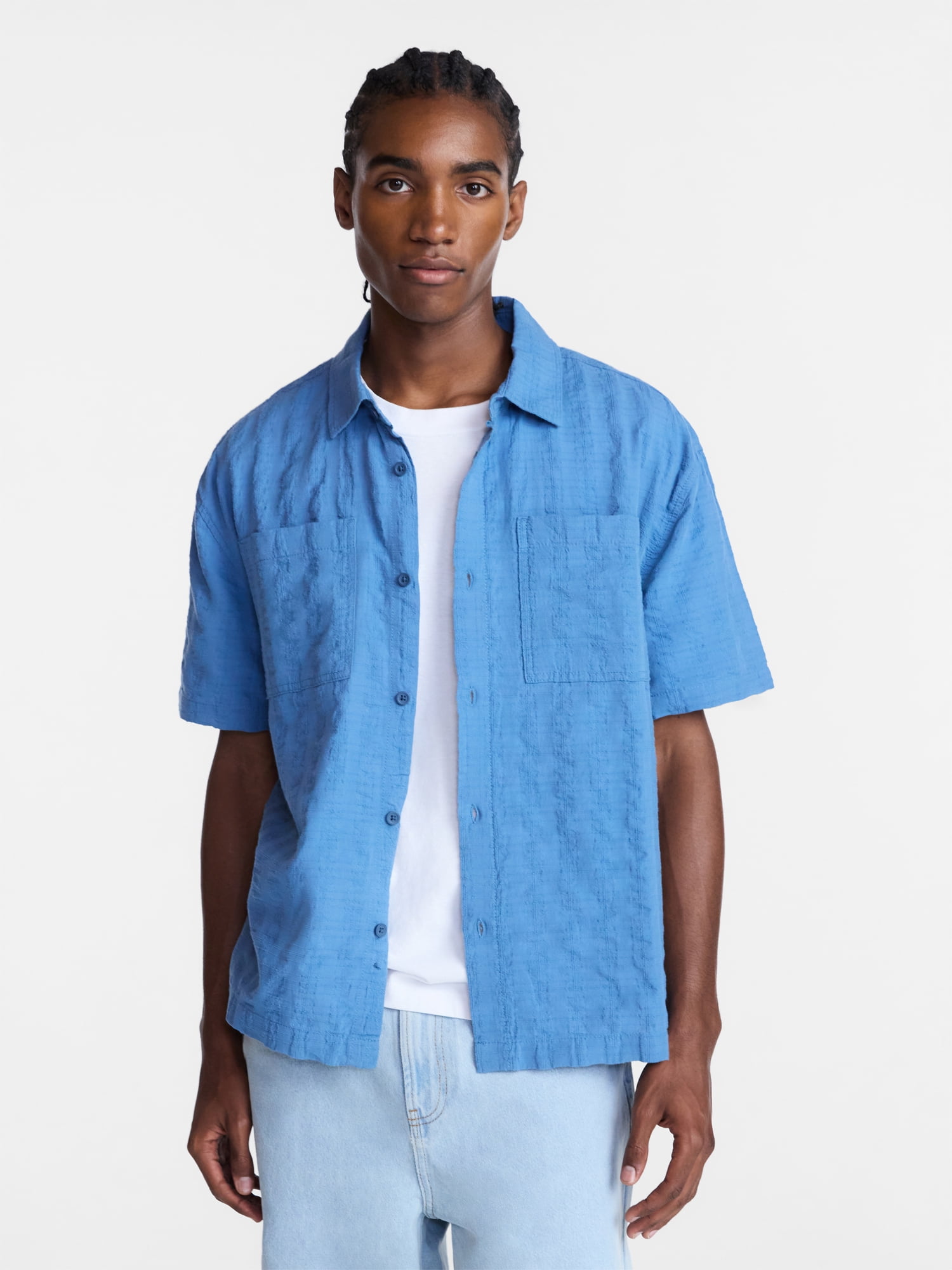 No Boundaries Textured Grid Boxy Fit Resort Shirt, Men's XS-5XL