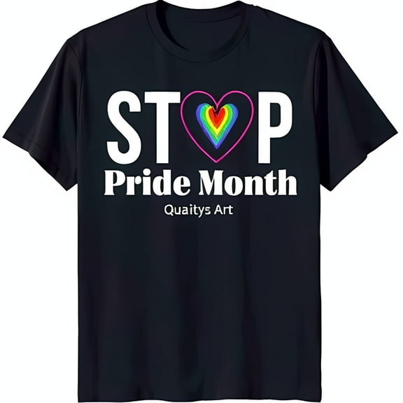 Bold Black T-Shirt with 'STOP Pride Month' Graphic & Rainbow Heart Design