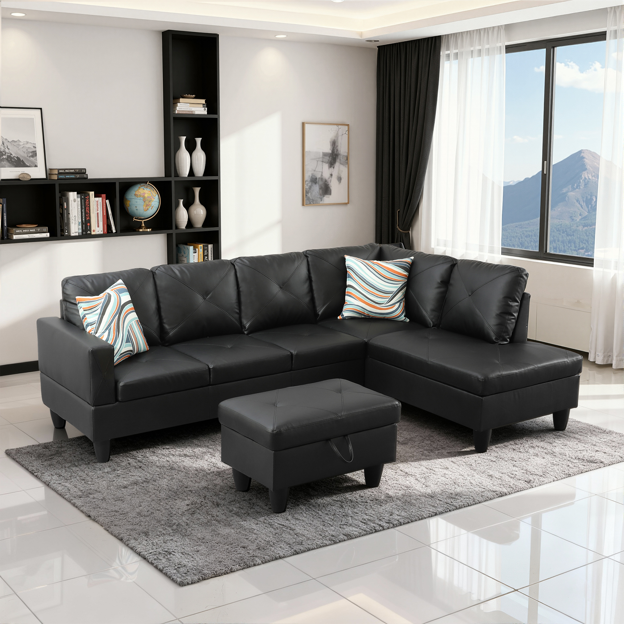 MAYEERTY 97" Faux Leather Sectional Couches, 3-Piece Modular Sofa Set with Reversible Chaise & Storage Ottoman, Black (Right)