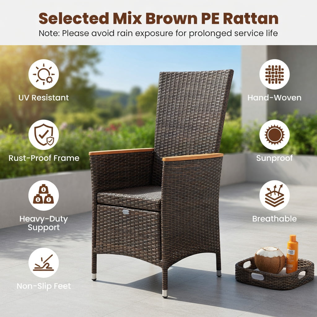 Hommoo 4-Piece Outdoor Dining Chair Set, High-Back Wicker Patio Chairs with Cushions, PE Rattan & Acacia Wood Frame, Weather-Resistant for Backyard, Porch & Poolside, Natural