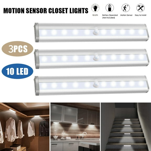 Motion Sensor Closet Lights,10 LED Motion Sensor Lights, Stick-on Anywhere Wireless Battery Operated Night Light Bar, Safe Lights for Closet Cabinet Wardrobe Stairs, 3 Pack