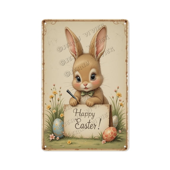 Antique Aluminum Sign of Bunny Writing Easter Greetings, 8 x 12 Inches, Add Some Fun and Cheer to Your Bedroom, Kitchen, or Living Room with this Spring Decor