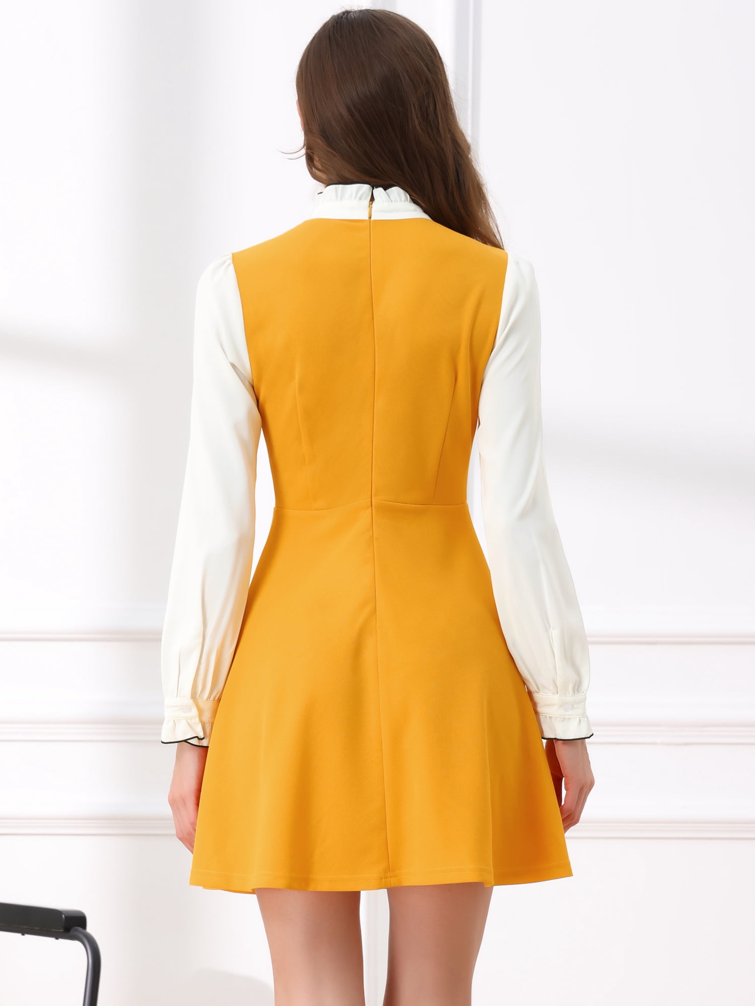 DARING DIVA Contrast Tie Neck Long Sleeve Elegant A-Line Dress L Yellow