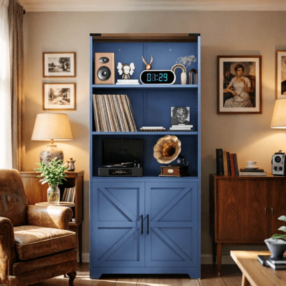 3-Tier Barn Door Display Case, 69.7x31.5x15.4 Inches, Steel Display Case With Vintage Blue And Contrasting Wood Grain