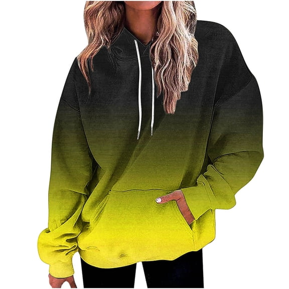 Sexlip Gradient Print Hooded Sweatshirt Long Sleeved Casual Top Comfortable Fashionable Pocket Design Suitable for Daily Wear and Parties Women's Apparel Yellow L