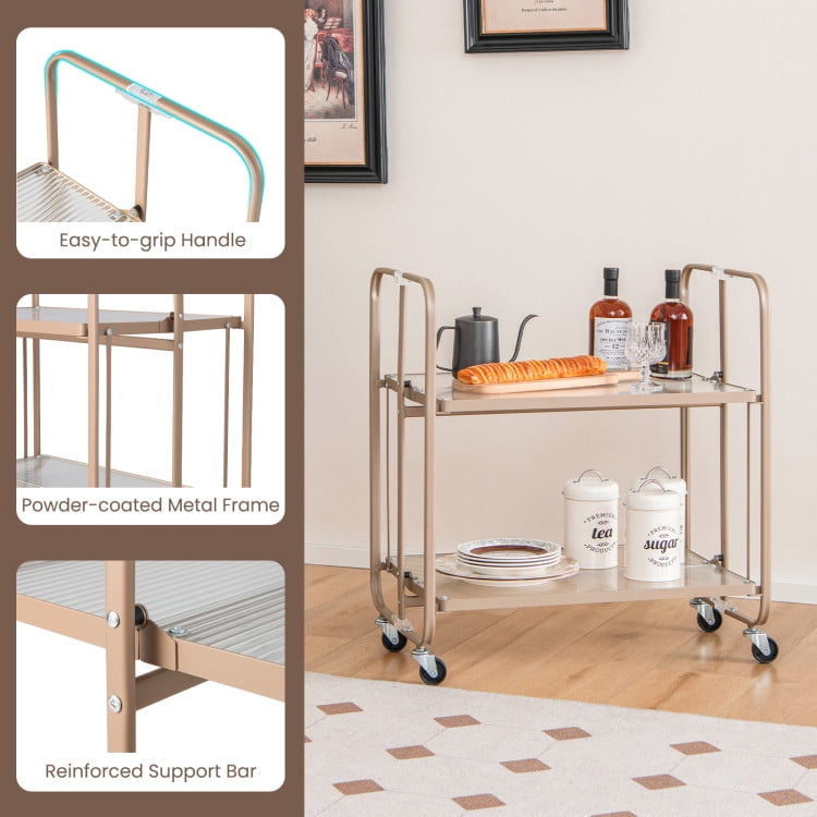 Finihen Rolling Cart, Kitchen Island Cart, 2-Tier Mobile Serving Cart with Tempered Glass Shelf, for Kitchen, Dining Room, Golden Finihen Rolling Cart, Kitchen Island Cart, 2-Tier Mobile Serving Cart with Tempered Glass Shelf, for Kitchen, Dining Room, Golden