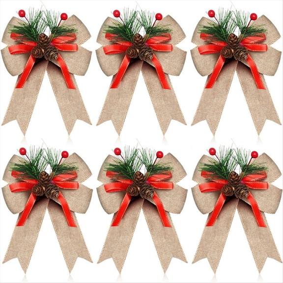 12PCS Christmas Burlap Bow with Pine Cones Needles Xmas Checkered Ribbon Tree Decoration Bows