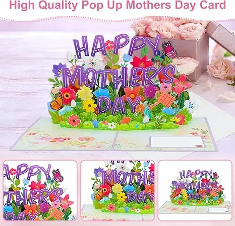 3D Pop-Up Mother’s Day Card, Handmade Red Carnations & Daisies Greeting Card with Pearlescent Envelope & Blank Insert
