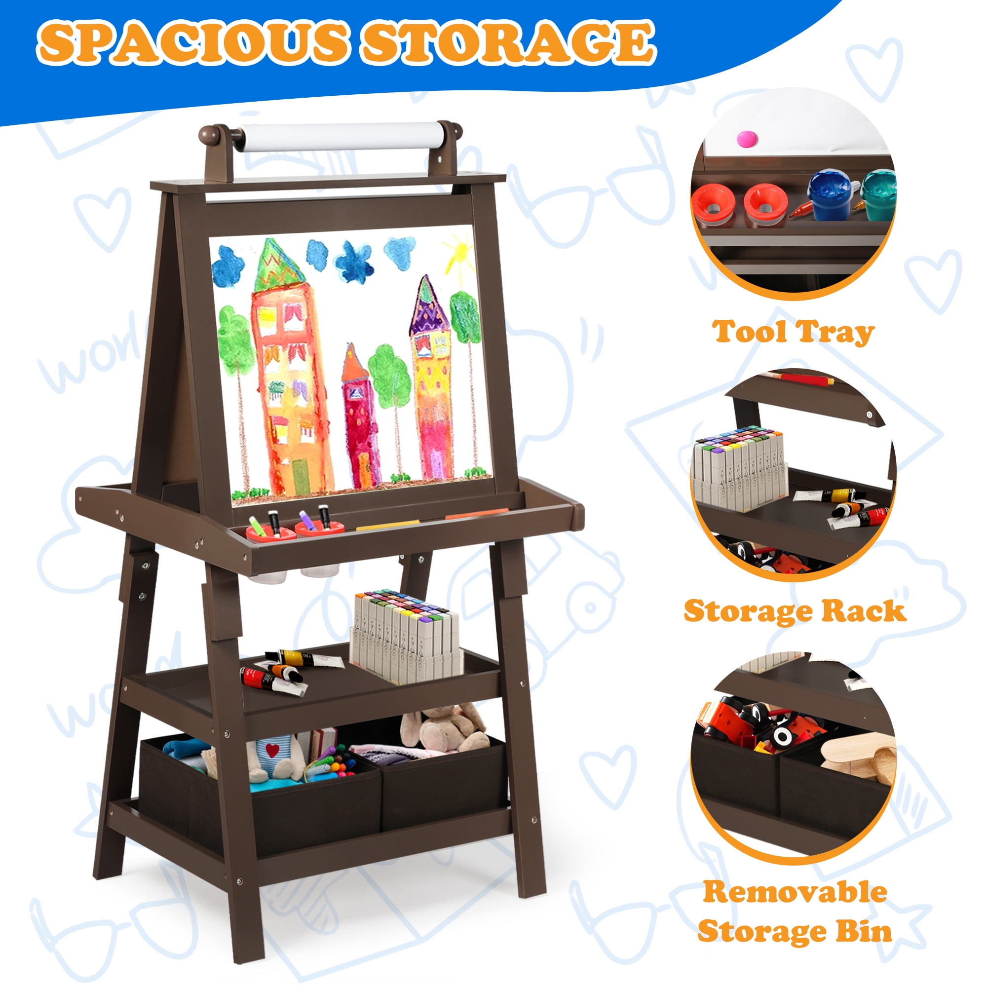 AILEEKISS 3 in 1 Kids Art Easel Double-Sided Magnetic Whiteboard Chalkboard with Paper Roller, Coffee