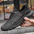 thumbnail image 3 of Men's Grey Matte Leather Hand Stitched Outdoor Walking Shoes Quick Elastic Drawstring Anti-Collision Toe Trekking Sneakers, 3 of 8