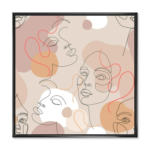Designart 'Abstract Woman Portraits With One Line ' Modern Framed Canvas Wall Art Print