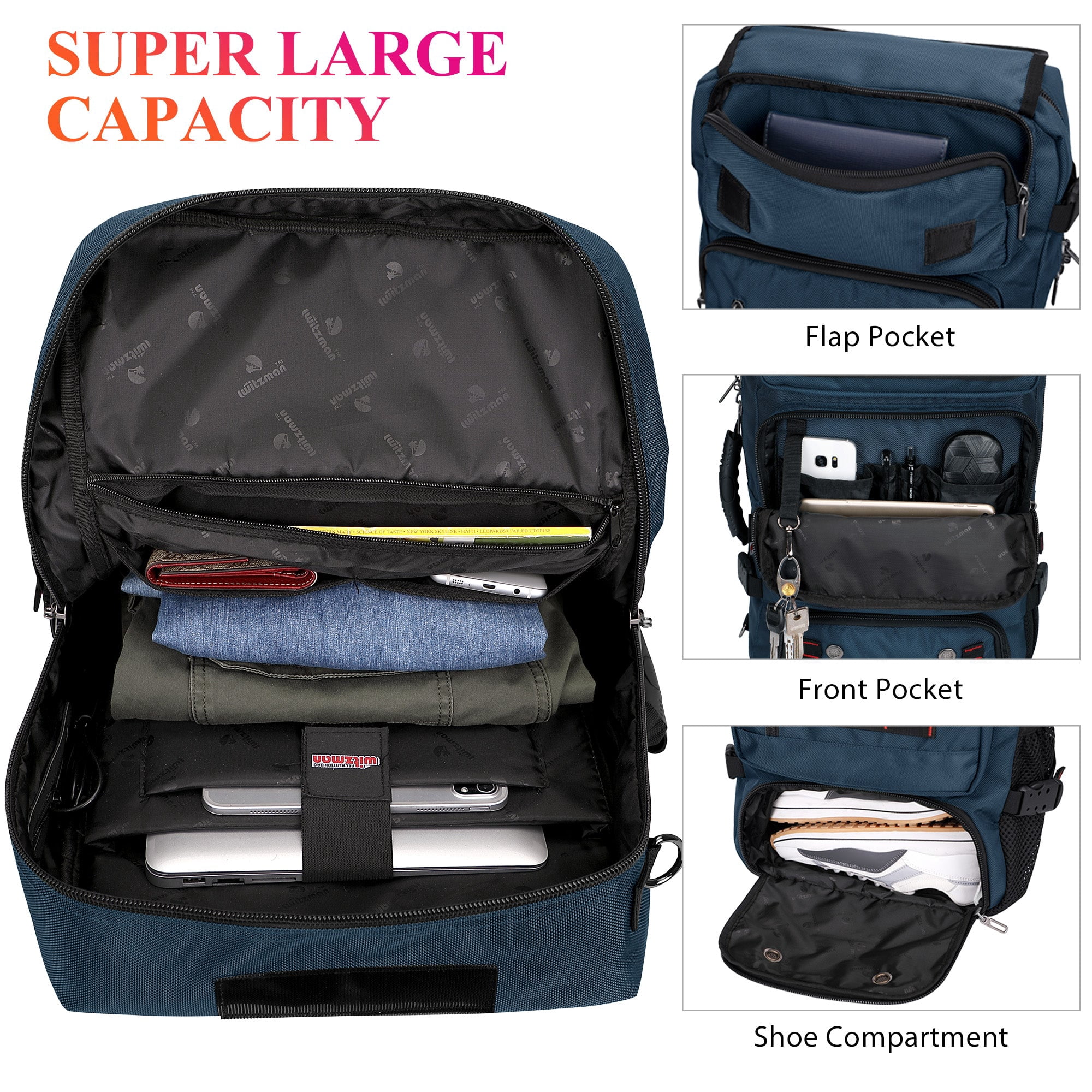 WITZMAN Carry on Travel Backpack for Men Airline Approved Convertible Nylon Duffle Backpack Luggage Bag(B682 Blue)