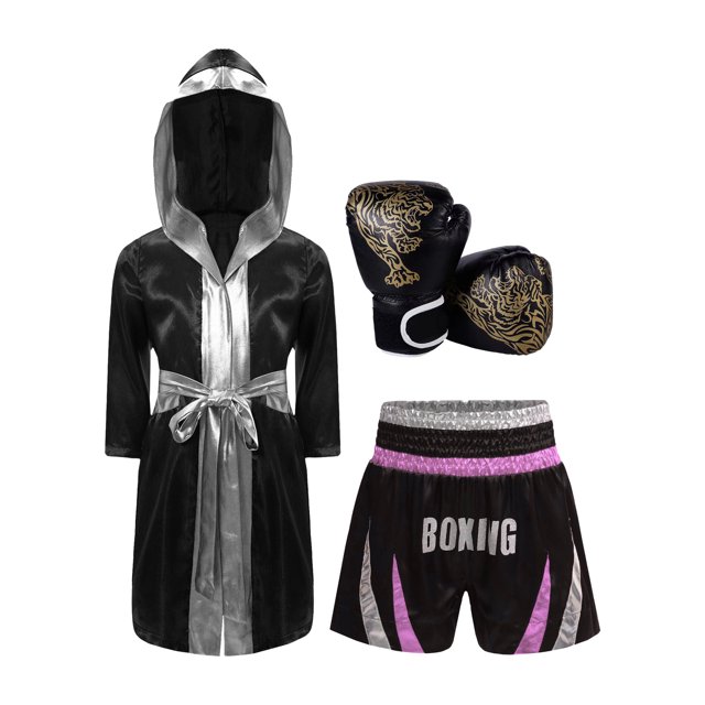 Jhaoyu Boys 3 Piece Boxing Tracksuit Satin Robe with Shorts Punching Exercise Gloves Set Pink&Silver 8