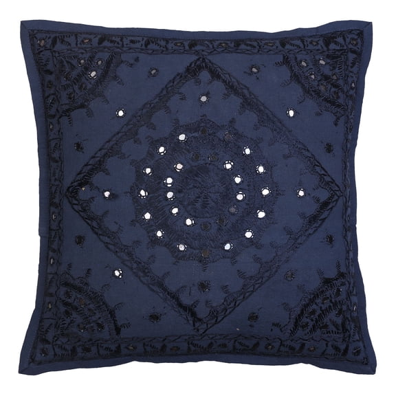 Stylo Culture Indian Settee Sofa Throw Pillow Cover 16 x 16 Hand Embroidered Dark Blue Bohemian 40 x 40 cm Home Decor Cotton Mirrored Square Cushion Cover | 1 Pc
