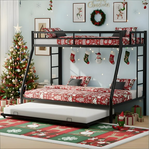 Kacho Twin over Full Bunk Bed with Trundle, Metal Bunk Bed with Sturdy Steel Frame, Bunk Bed with Twin Size Trundle, Metal Bunk Bed for for Dormitory Bedroom, No Spring Box Required, Black