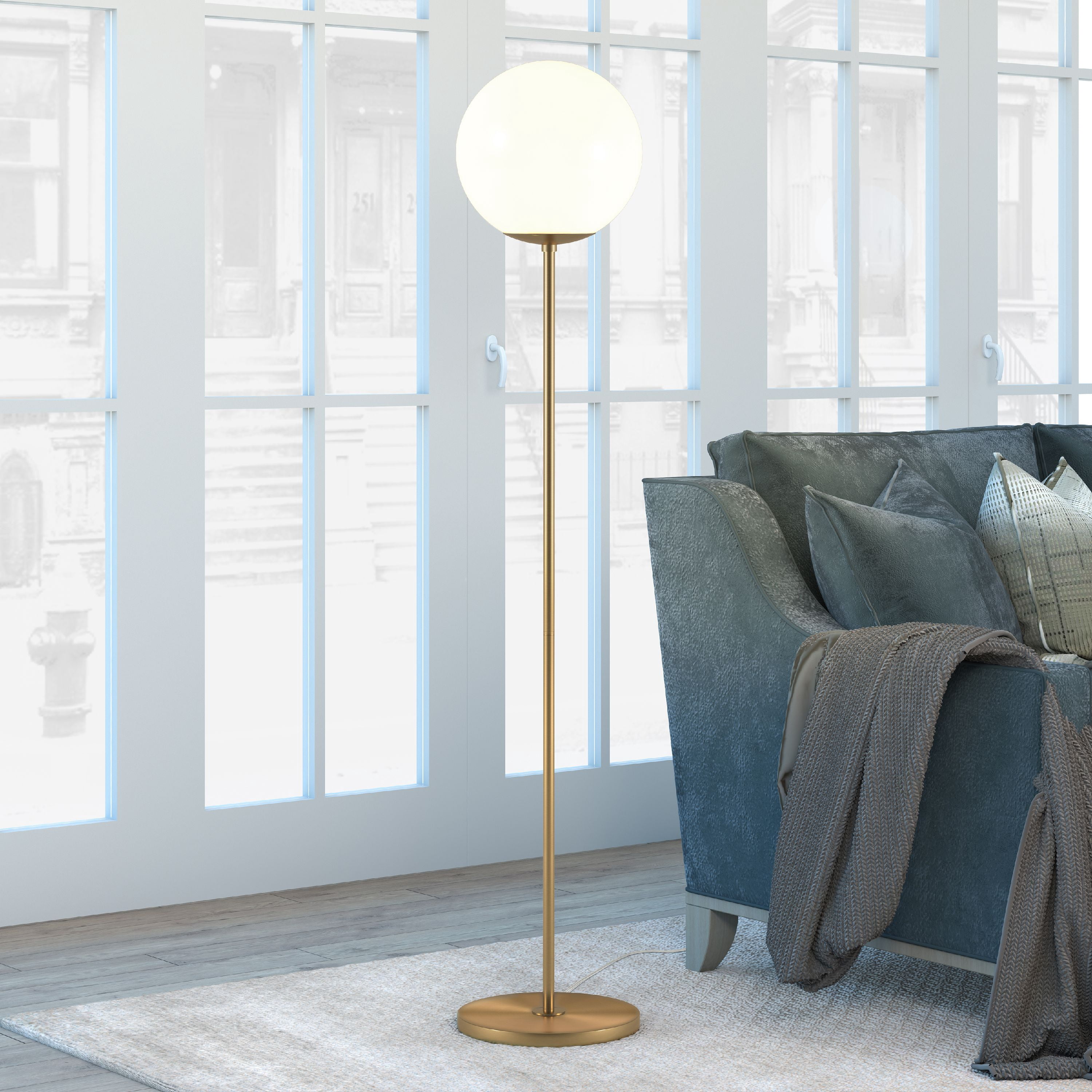 Evelyn&Zoe Theia Globe & Stem Floor Lamp with Plastic shade in Brass/White
