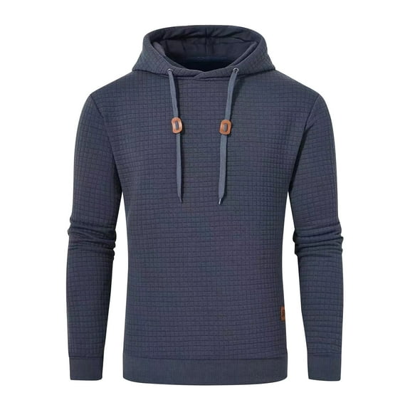APEXFWDT Men's Waffle Knit Hoodie Long Sleeve Solid Color Pullover Sweatshirt with Drawstring Hood for Relaxed Fit & Comfort,L,Navy