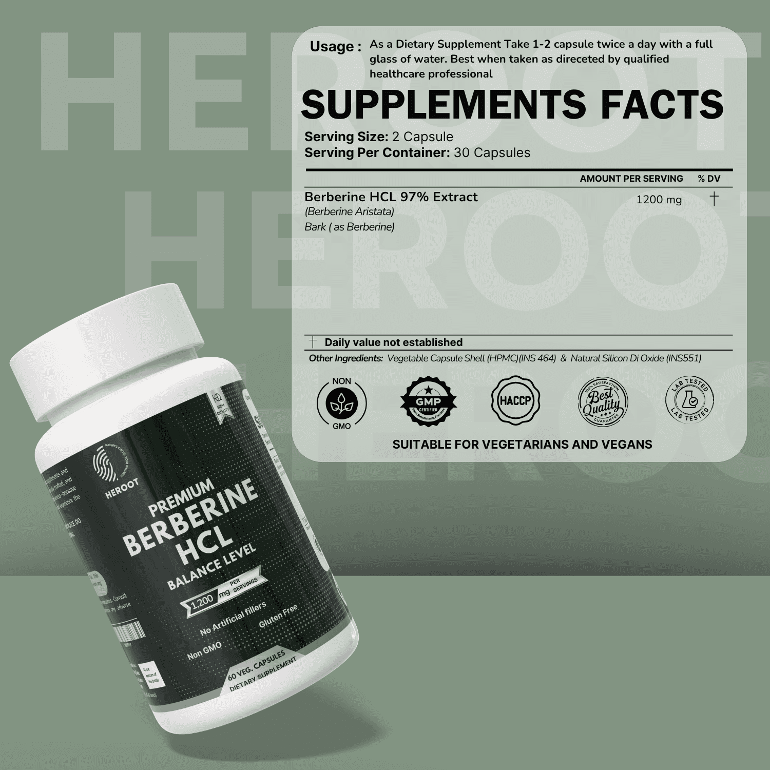 Heroot Berberine HCL 97% High Potency Supplement Capsules, 120 capsules
