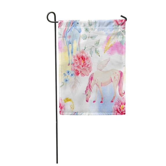 SIDONKU Watercolor Pegasus Pattern and Unicorn Pink Peony Flowers Clouds Garden Flag Decorative Flag House Banner 28x40 inch