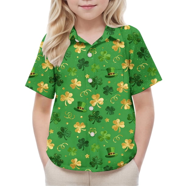 Blusa y camisa de manga corta con cuello vuelto, moderna e informal, con estampado del Día de San Patricio, con bolsillo, para uniforme escolar, para niños y niñas de 2 a 15 años.