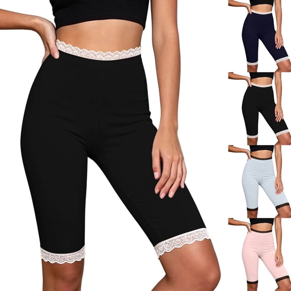 Stamzod Leggings for Women Tummy Control Lace Patchwork Slim Fit Yoga Pants Women Knee Length High Waisted Leggings Blue XL