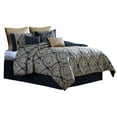 thumbnail image 2 of Nova 9 Piece Polyester Queen Comforter Set, Gold Damask Print, Navy Blue- Saltoro Sherpi, 2 of 5