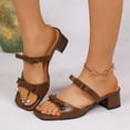 thumbnail image 2 of Xfvqtps Womens Heel Sandals with Bow Mid Block Heel Slip on Open Square Toe Shoes Leather Casual Sandals for Spring Summer Outfit, 2 of 9