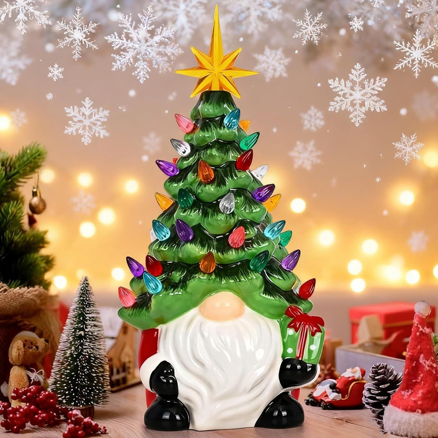 Christmas Gnome Christmas Tree, 8In Mini Ceramic Lighted Christmas Tree, Small Mini Prelit Xmas Holiday Decor for Tabletop Home Room Table Fireplace Office