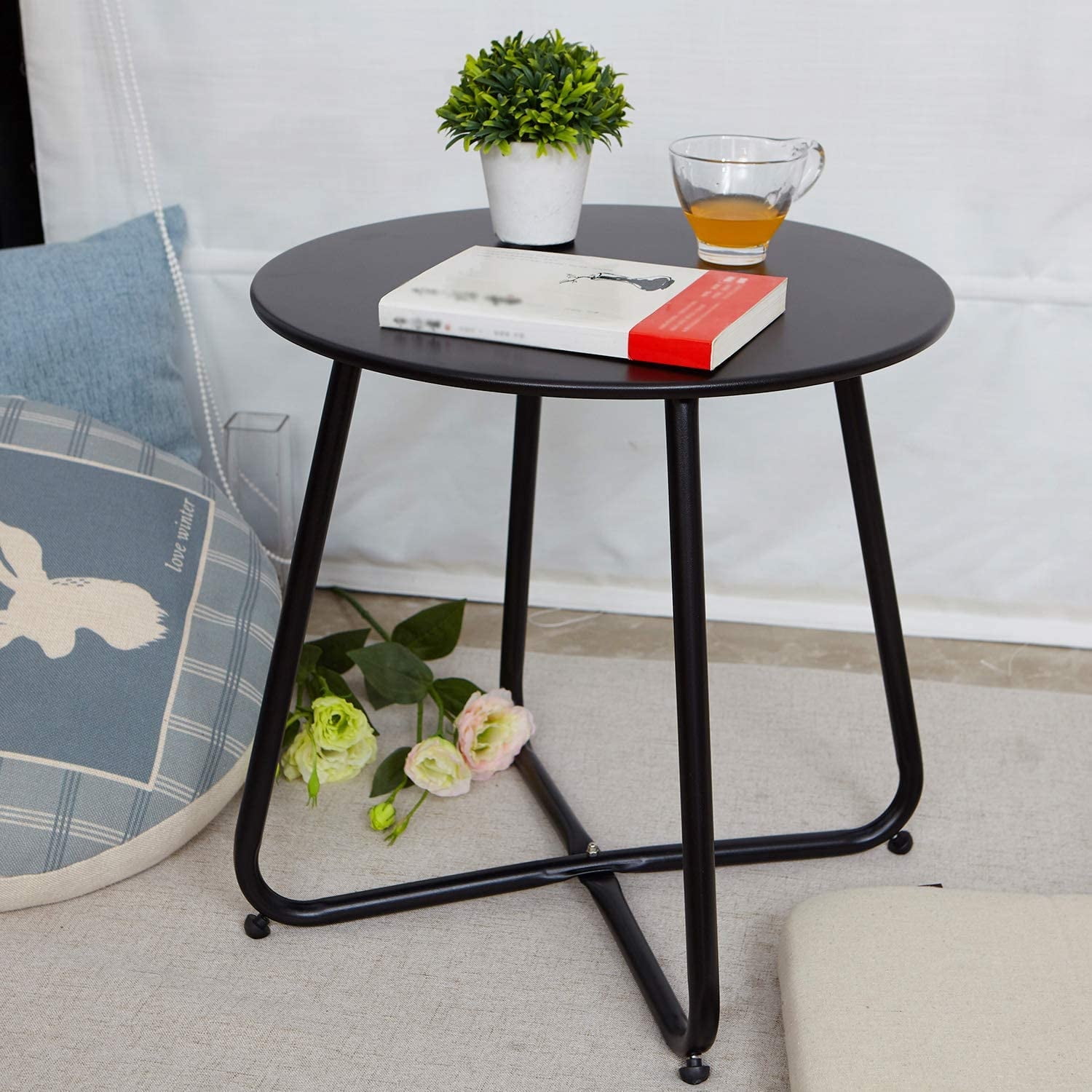 Grand Patio Outdoor&Indoor Steel Patio Side Table, Weather Resistant Outdoor Small Round End Table for Patio, Yard, Balcony, Garden, Living Room, Bedroom, Black