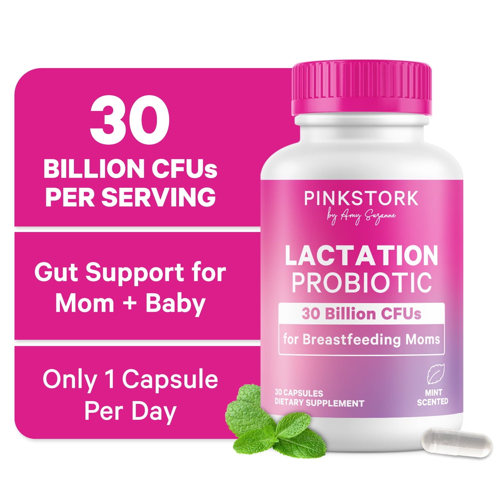 Pink Stork Lactation Probiotic - 30 Billion CFUs Support Breast Milk & Gut Health, Mint Scented, 30 Capsules