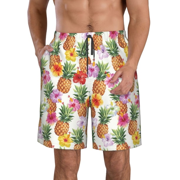 Fotbe Hawaiian Pineapples And Hibiscus Flowers Trajes de Baño Estampados para Hombre, Shorts de Verano de Secado Rápido, Ropa de Playa, Bañadores-Small