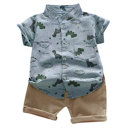 CONYUMN Toddler Boy Girl Shorts Suit Children s Summer Cartoon Dinosaur Print Crew Neck Buttons Short Sleeved +Corset Waist Solid Color Short Pants 2 Pcs Set (Gray 80)