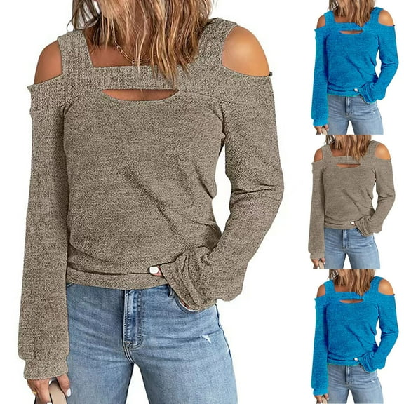 Lovskoo Long Sleeve Shirts for Women Cusal Round Neck Cold Shoulder Lightweight Sweatshirts Solid Color Pullover Tops Khaki