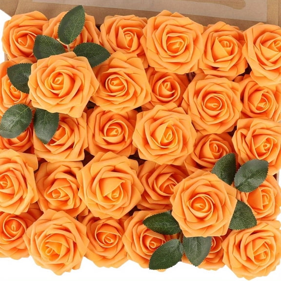 50PCS Orange Fall Artificial Rose Flowers, Real Touch Fake Flowers with Stem, Foam Roses for Wedding Bouquets Table Centerpieces Party Home Thanksgiving Autumn Decorations