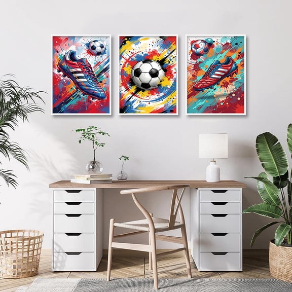 Set of 3 Soccer Wall Art Prints Boys Bedroom Decor Gift Posters Colourful Football Print Canvas Painting for Home Decoration