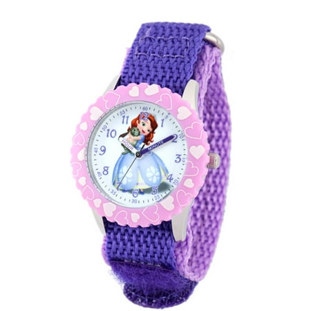 Disney Sofia Girls' Stainless Steel Case with Bezel Watch, Purple Nylon Strap