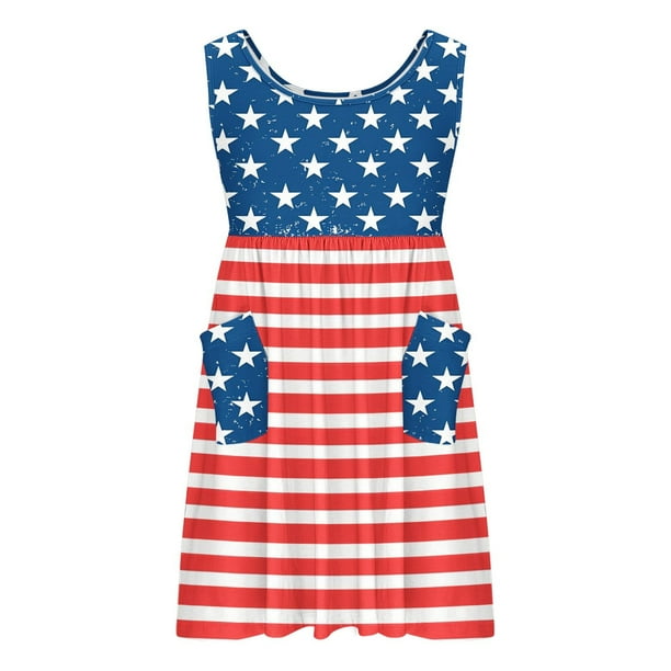 Odeerbi Niñas Día de La Independencia A-Línea Vestido de Tanque Con Bolsillos Verano Patriótico Estrella Raya Cuello Redondo Vestido de Sol Casual