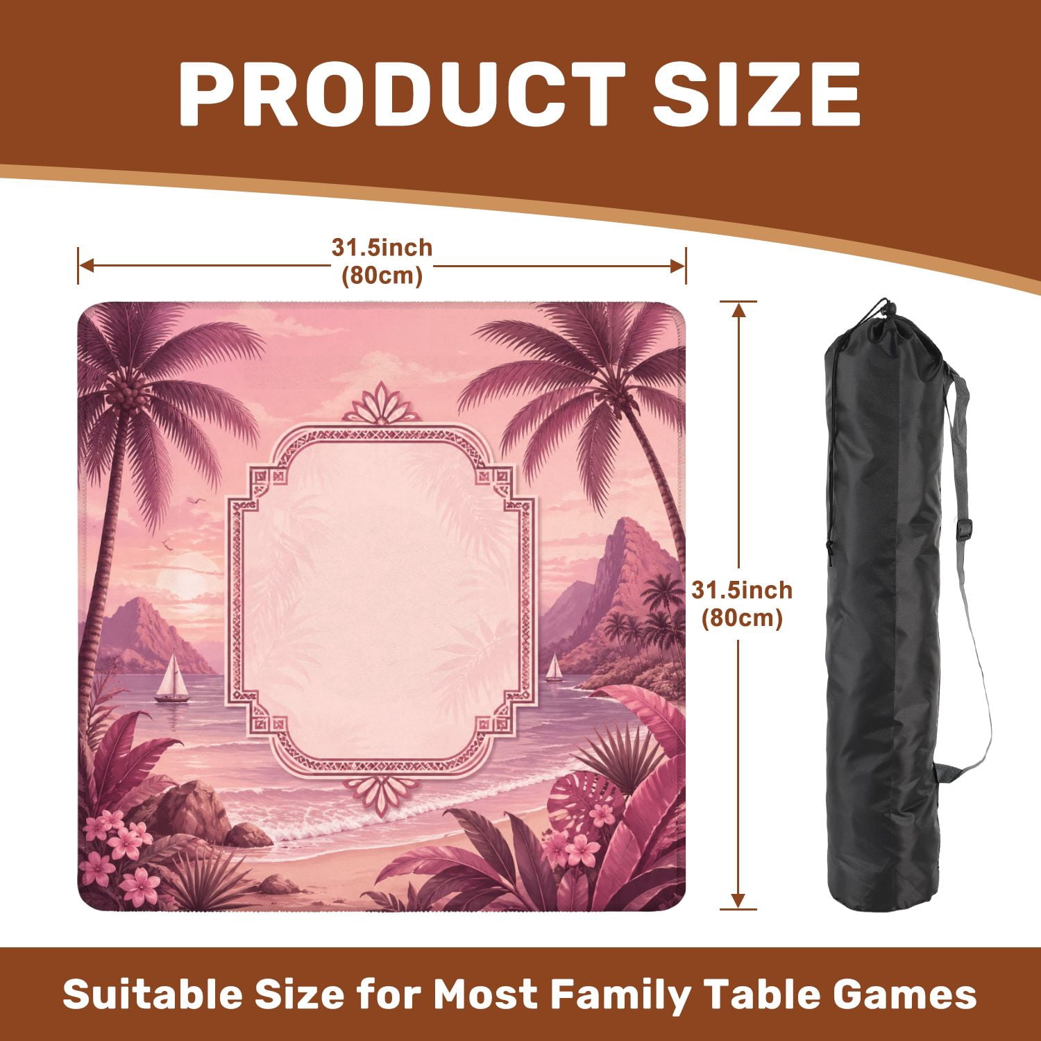 Mahjong Mat 31.5" x 31.5" Tropical Beach Sunset Sailboats Palm Trees Soft Pink Hues Non-Slip Noise Reduction American Mahjong Tiles Table Cover for Dominoes Poker Card Board Games Gift