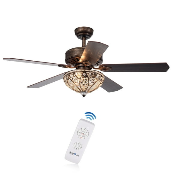 Gliska 52-Inch 5-Blade Rustic Bronze Lighted Ceiling Fans with Crystal Bowl Shade (Remote Controlled)