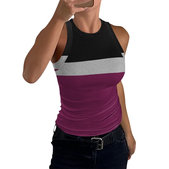 JULMCOMO Ribbed Knit Tank Tops for Women Plaid Crew Neck Sleeveless Summer Tank Tops Striped Color Block Slim Fit Casual Shirts Purple XL