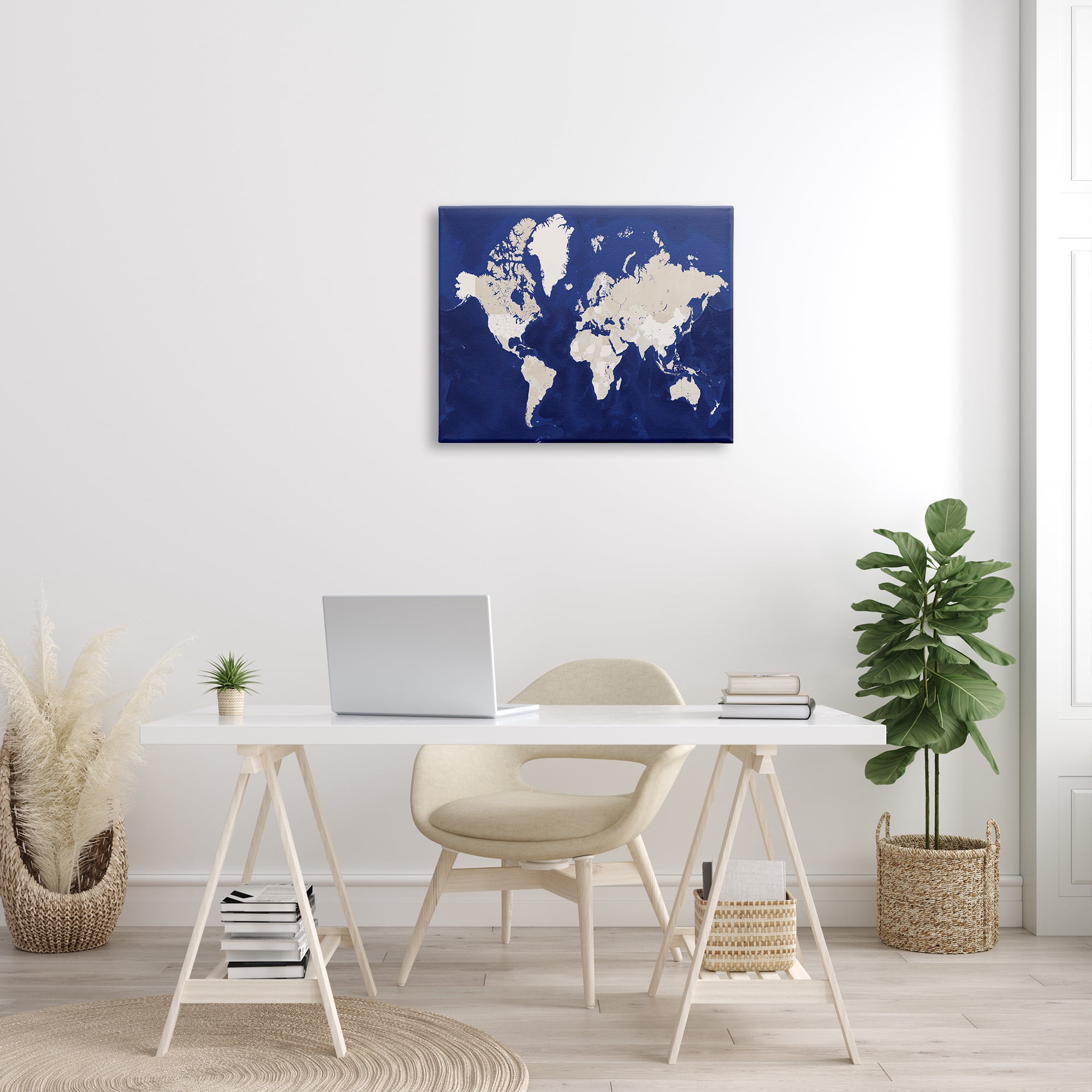 Stupell Industries Traditional World Map Neutral Tone Continents On Blue, 24 x 30, Designed by BlursByAI