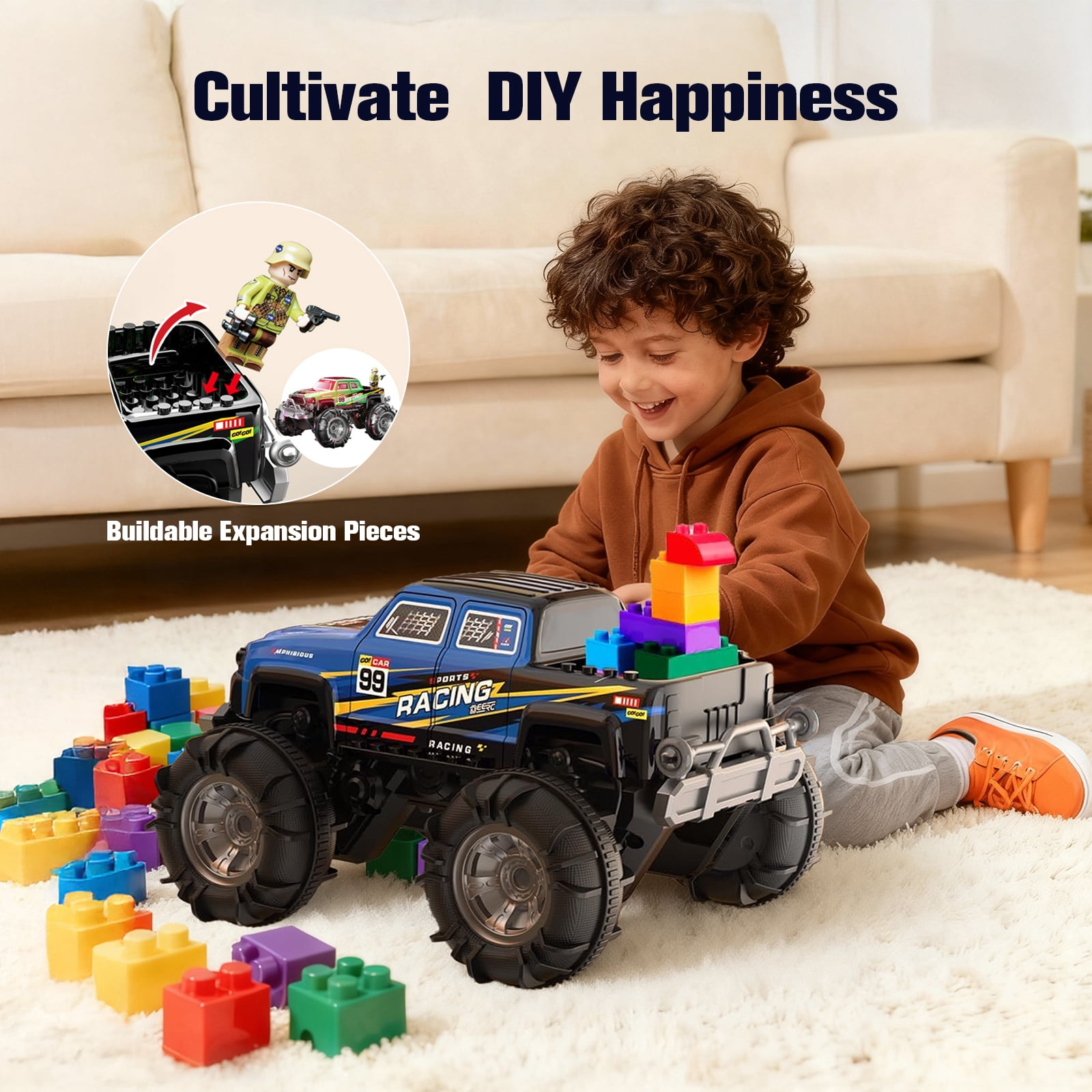 Amphibious RC Monster Truck/Boat, IPX7 Waterproof Remote Control Car, 2.4GHz 4WD RC Car 360°Rotation,LED Light,40mins Play RC Truck Toys for Kids Boys 6-12