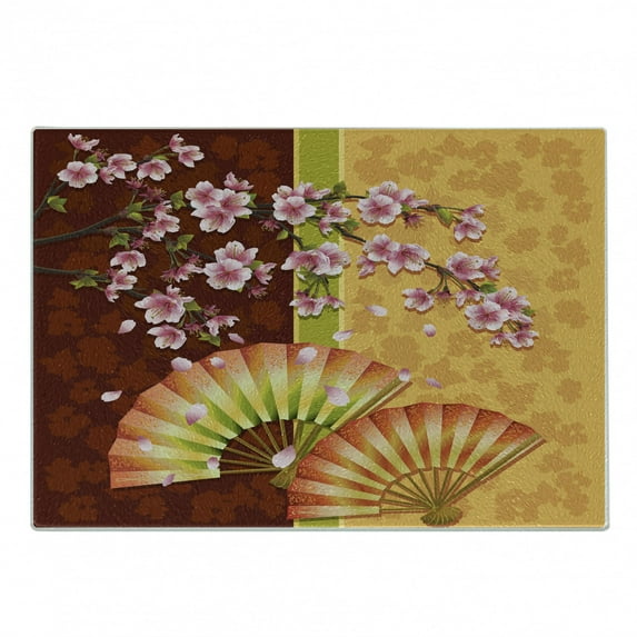 Floral Cutting Board, Composition of Burgeoning Sakura Blooms Japanese Garden Art, Decorative Tempered Glass Cutting and Serving Board, Small Size, Pale Pink Marigold, by Ambesonne